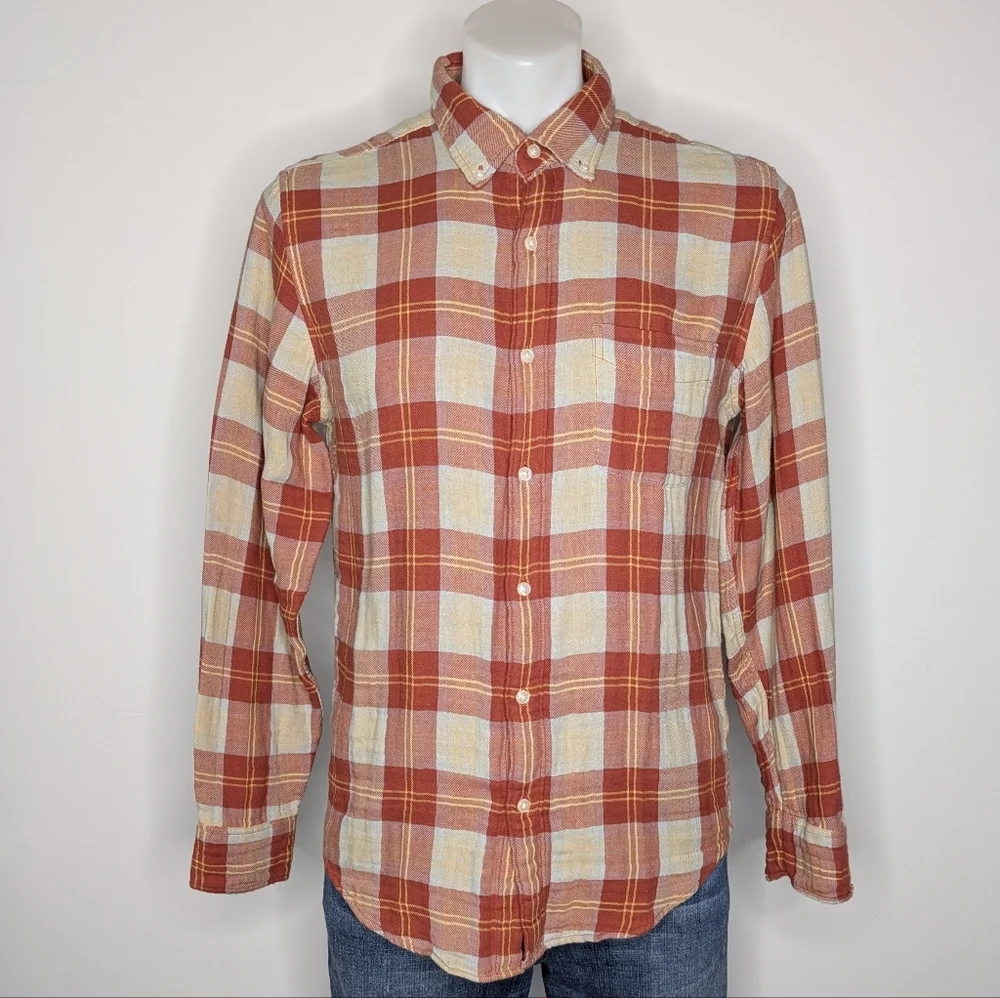 J Crew Orange Cream Plaid Double Layer Casual Cotton Slim Fit Button Up M